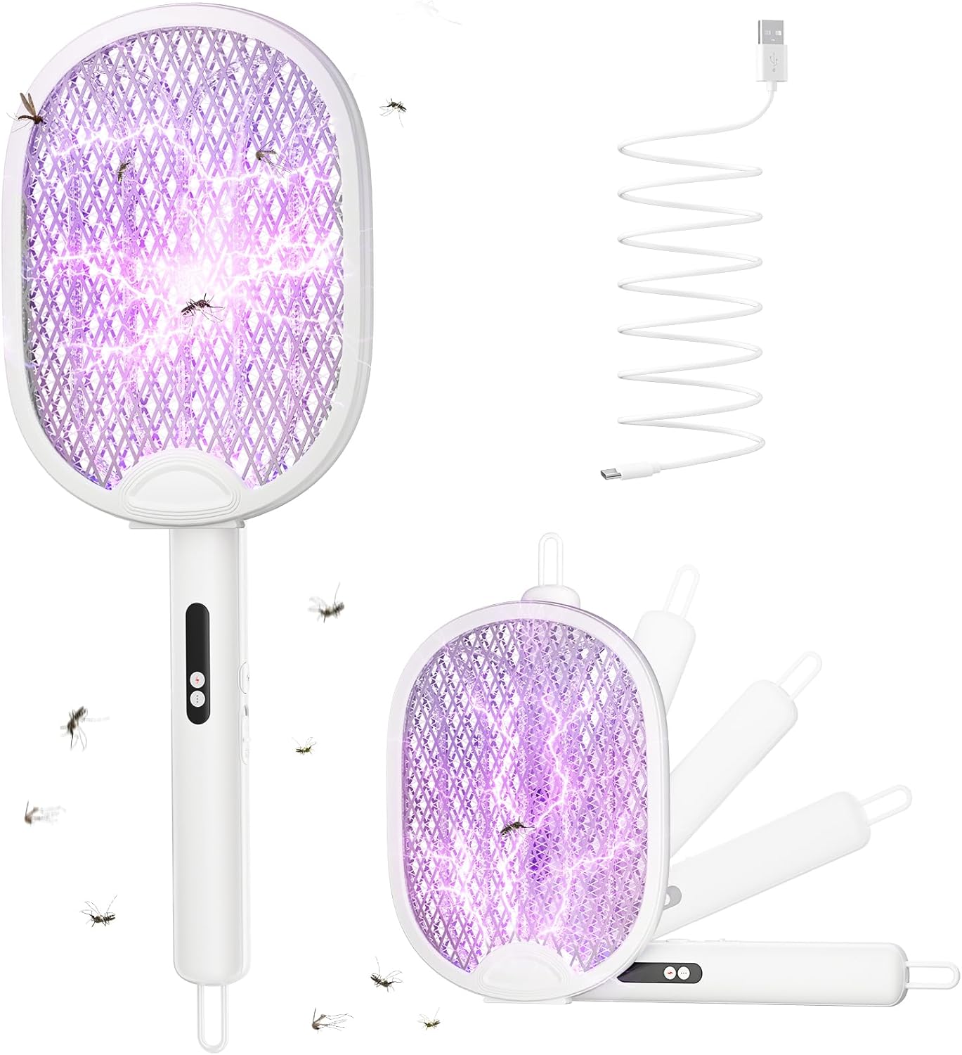 Elektryczna rakieta na komary 4000 V, 1800 mAh, 3 w 1, składana, elektryczna rakieta na owady, ładowalna przez USB C, wisząca, 2 tryby i lampa UV, atr