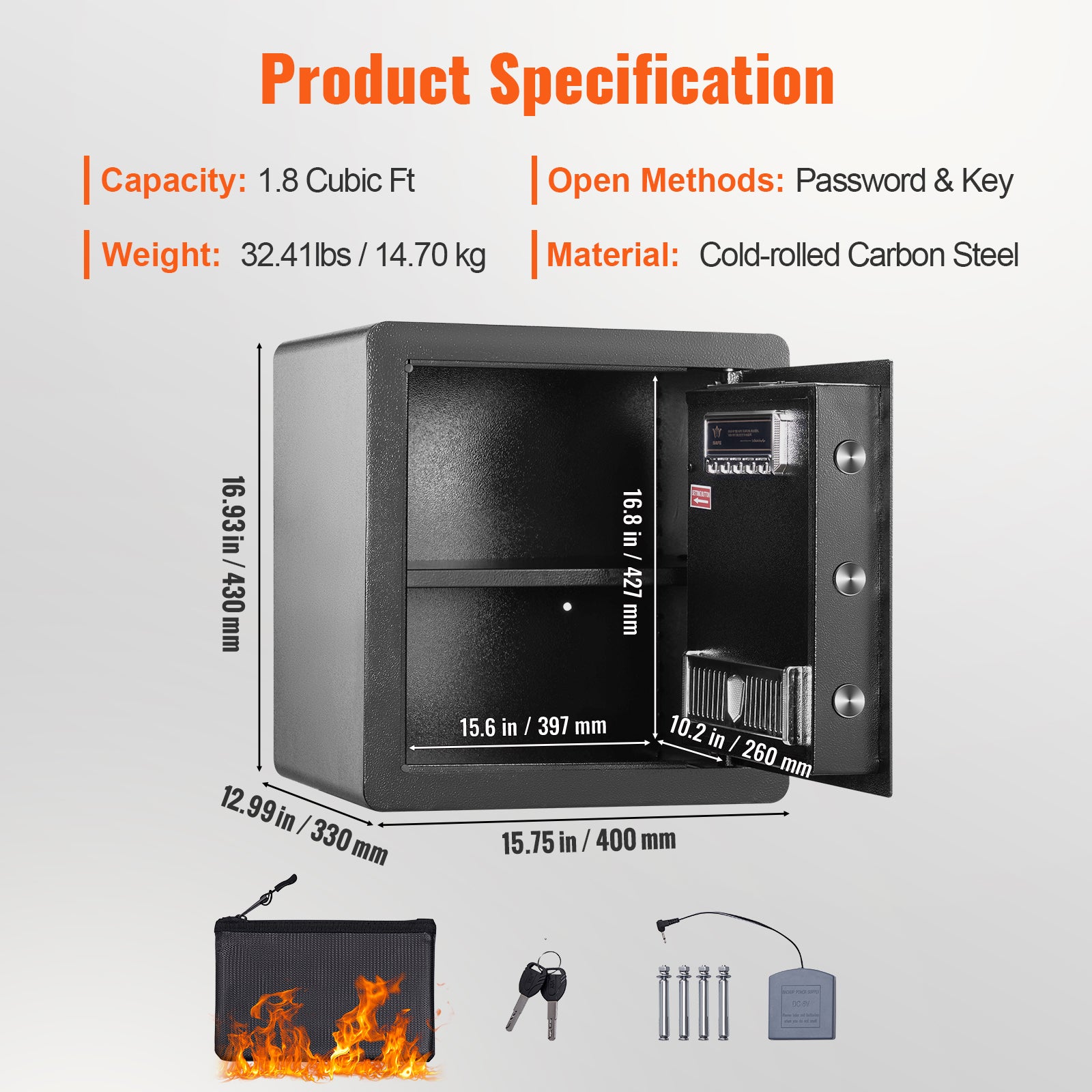 Coffre-Fort Numérique VEVOR 51 L 400 x 330 x 430 mm Coffre-Fort de Sécurité 2 Types de Déverrouillage Mot Passe Clés Structure Acier Anti-Effraction - 7