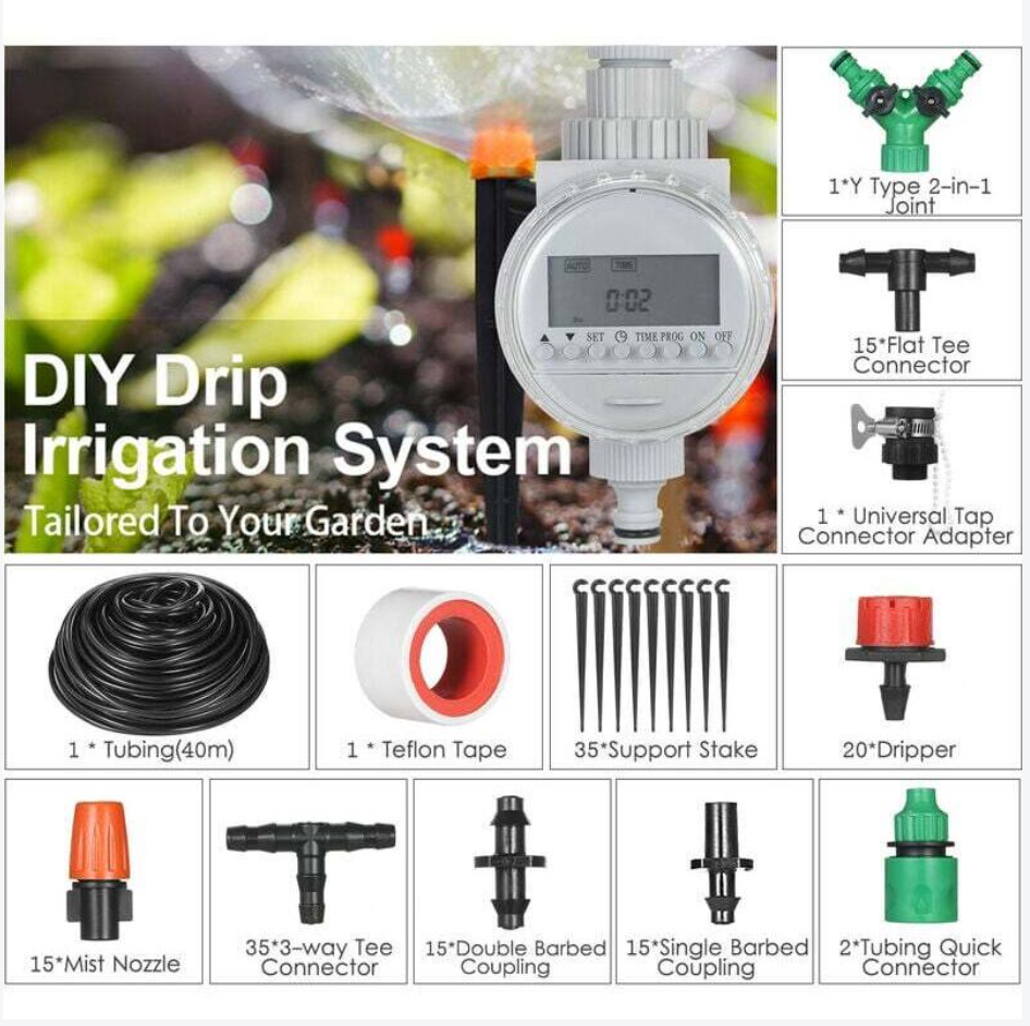 Kit d'irrigation goutte à goutte automatique avec minuterie électronique, brumisateur et 40m tuyau. Pour jardin, pelouse, terrasse. - 2