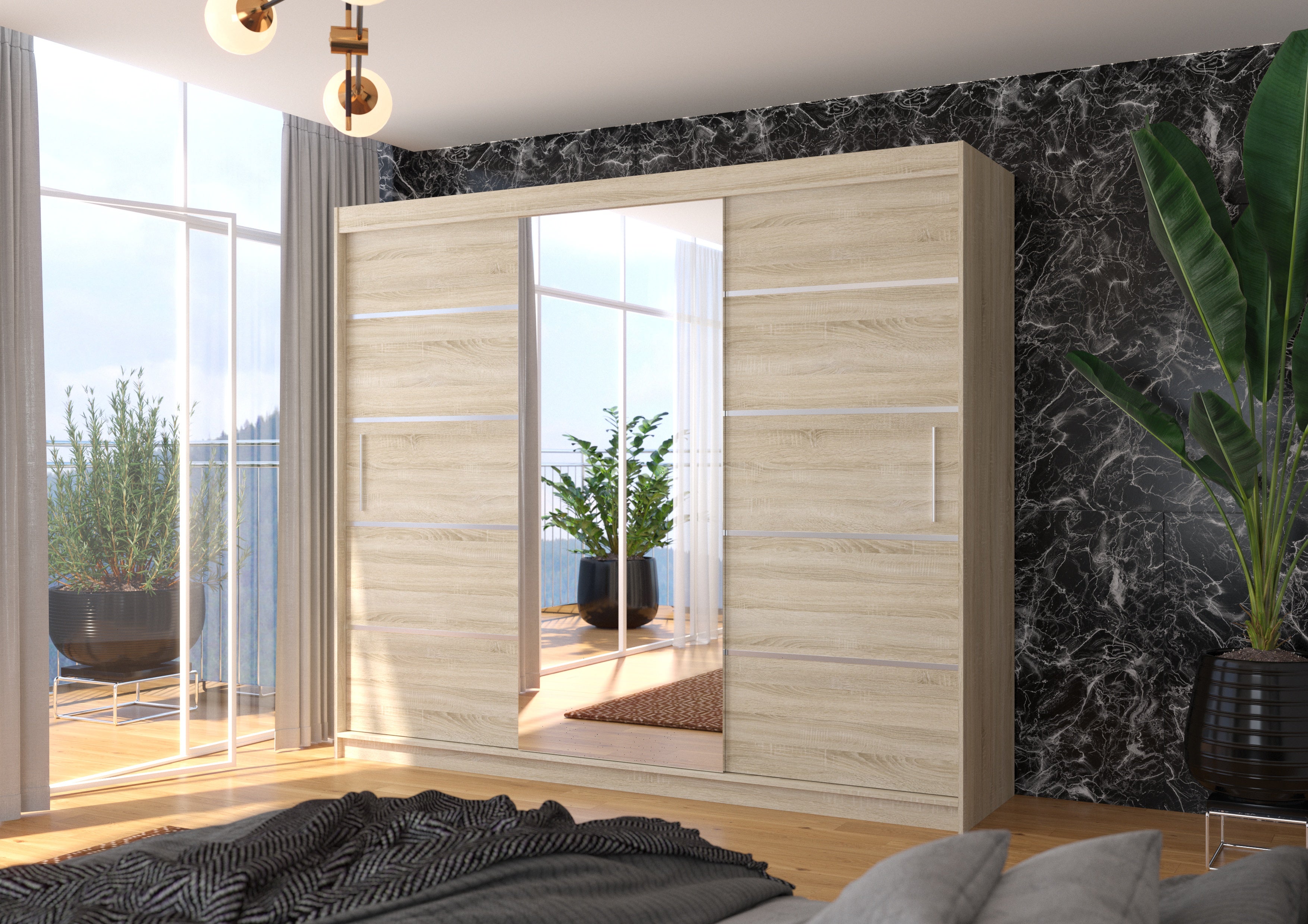 Grande armoire de chambre à coucher 3 portes coulissantes naturel et alu avec miroir Cindy 250cm - 2