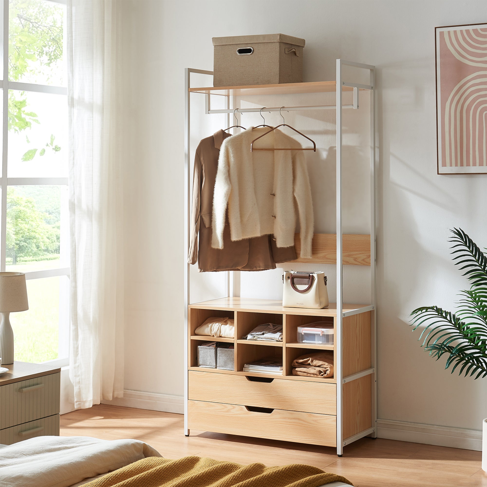 Organizzatore Guardaroba Larem Mobile Porta Abiti con Scomparti - Bianco / Effetto Rovere [en.casa] - 4