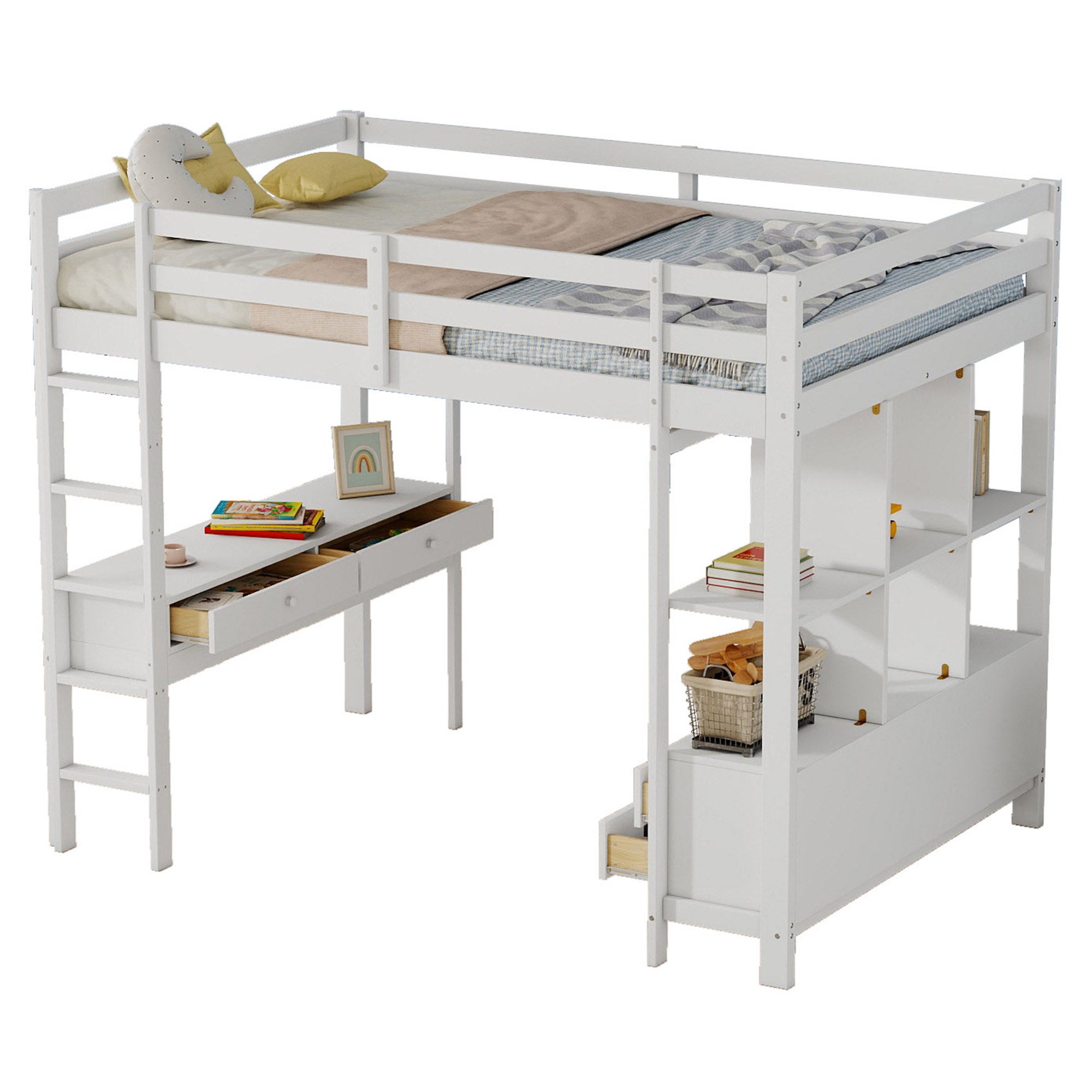 Letto a soppalco, letto a soppalco per bambini 140 x 200 cm con cassetti contenitore e scrivania sotto il letto, senza materasso, bianco - 5