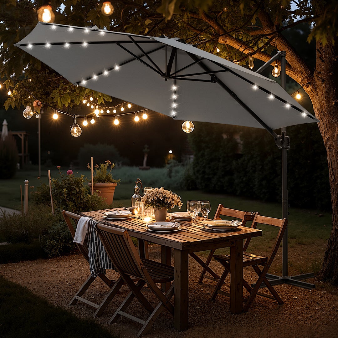 Parasol déporté gris 300 cm avec 28 LED solaires, rotation complète, inclinaison réglable, toile anti-UV UV50+ - 7