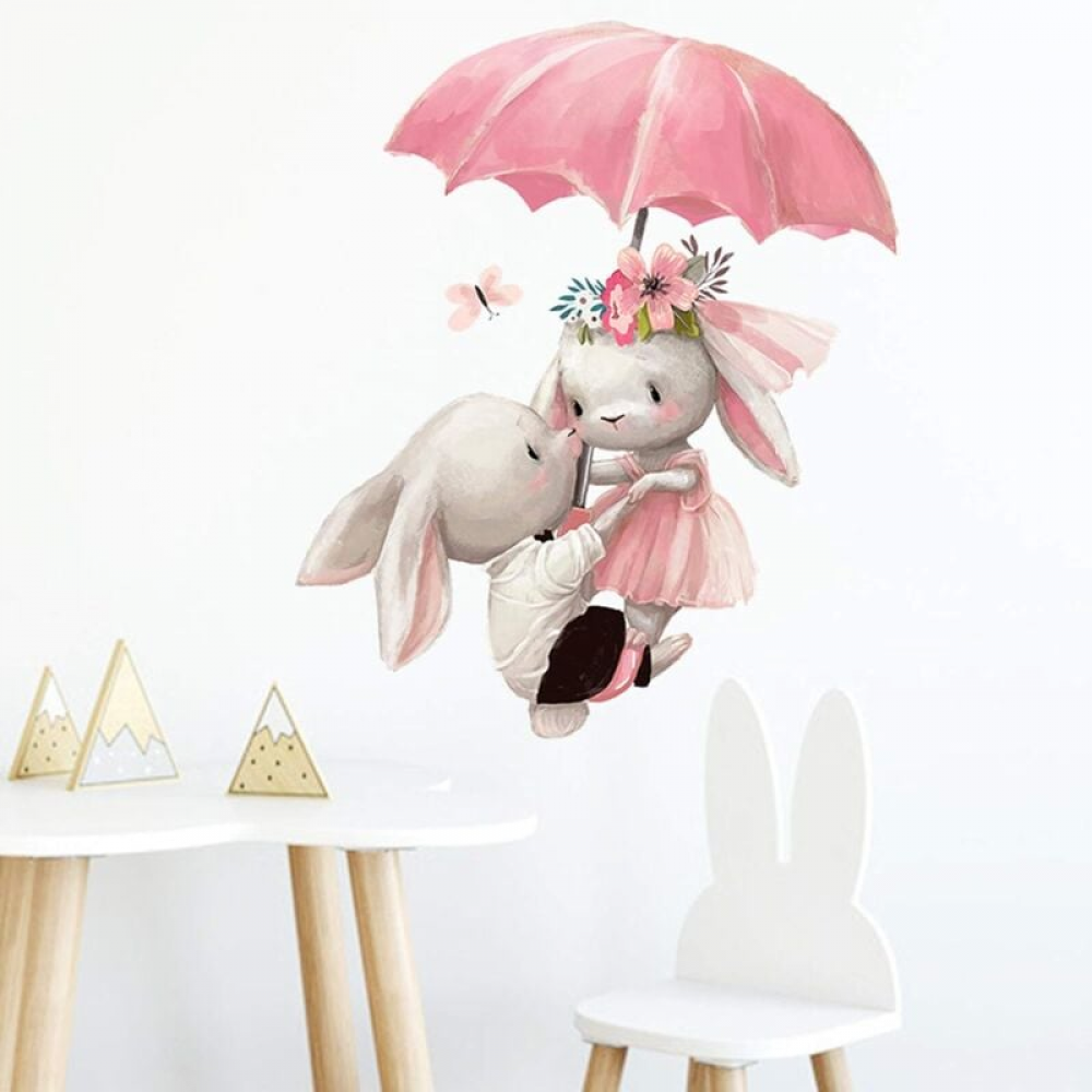 Śliczne naklejki ścienne z motywem królika i parasola, dekoracje, murale, sztuka DIY, naklejki ścienne do samodzielnego montażu, naklejki ścienne dla
