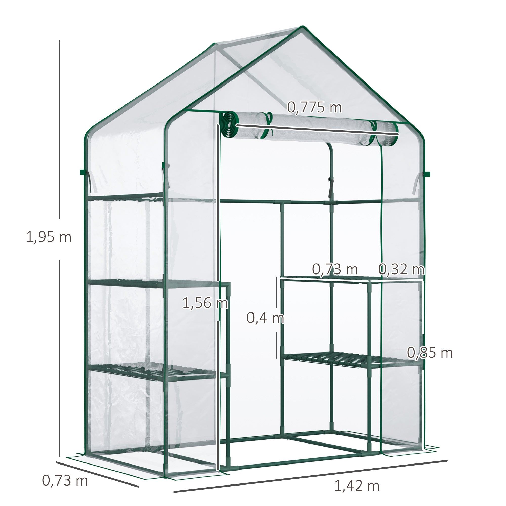 Serre de jardin avec 4 étagères en acier, fabriquées en PVC haute densité (140 g/m²), résistant aux UV, vert transparent. - 5