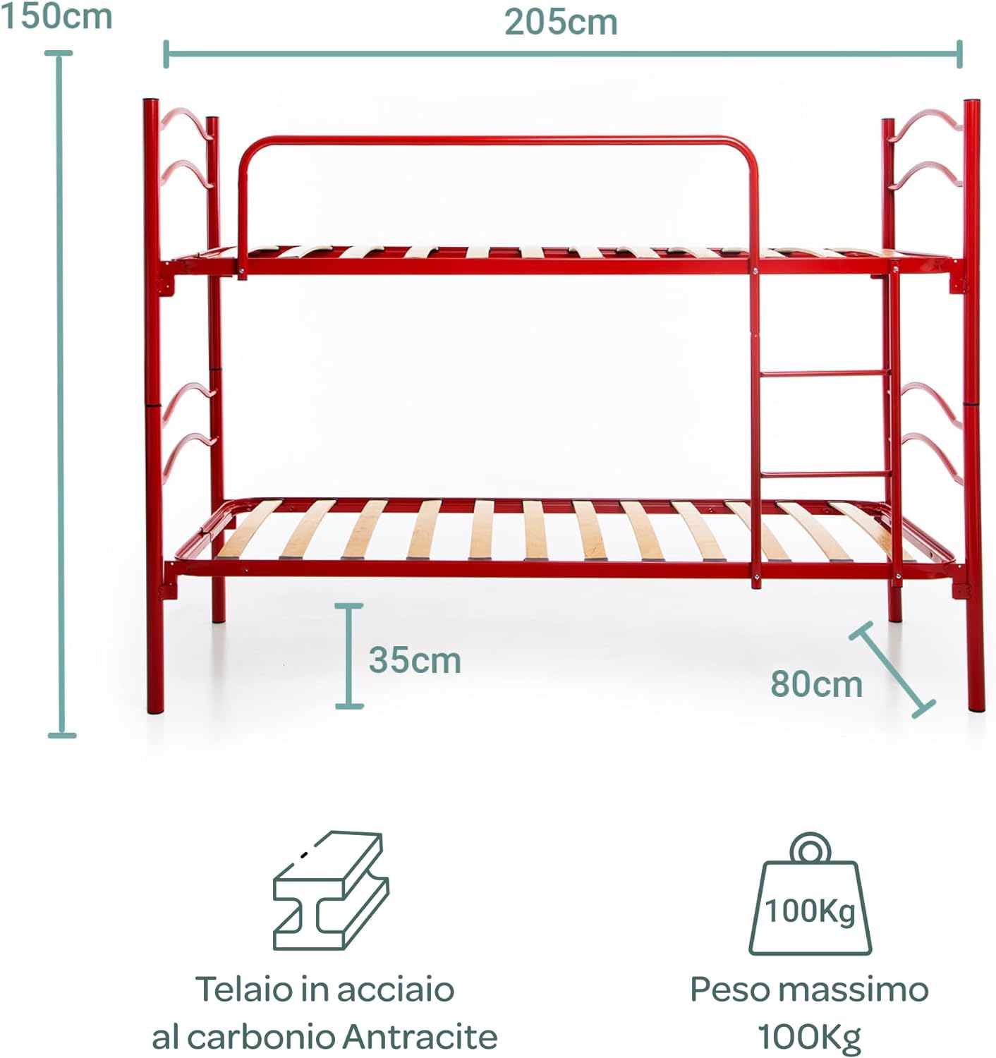 Letto A Castello Kimi In Metallo - Scomponibile In 2 Letti Singoli, 97.5x165x210 Cm, Grigio, Con Rete A Doghe - Foto 10