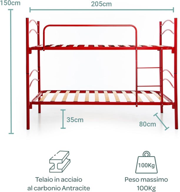 Letto A Castello Kimi In Metallo - Scomponibile In 2 Letti Singoli, 97.5x165x210 Cm, Grigio, Con Rete A Doghe - Foto 10