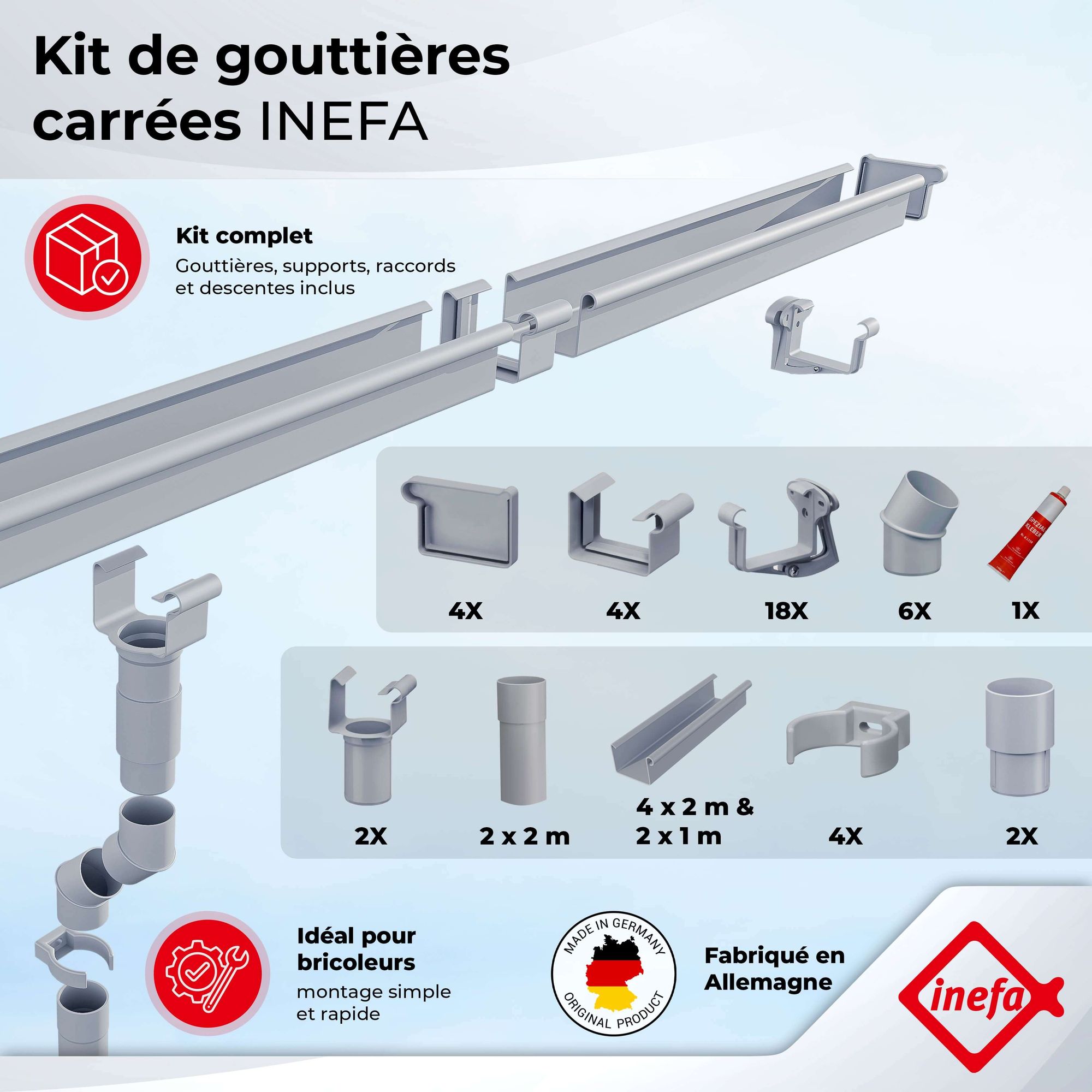 Lot 2 gouttières PVC NW68 68 mm – gouttière carrée 5 m blanche avec descente, pour abri de jardin, 2 pans de toit – INEFA - 2