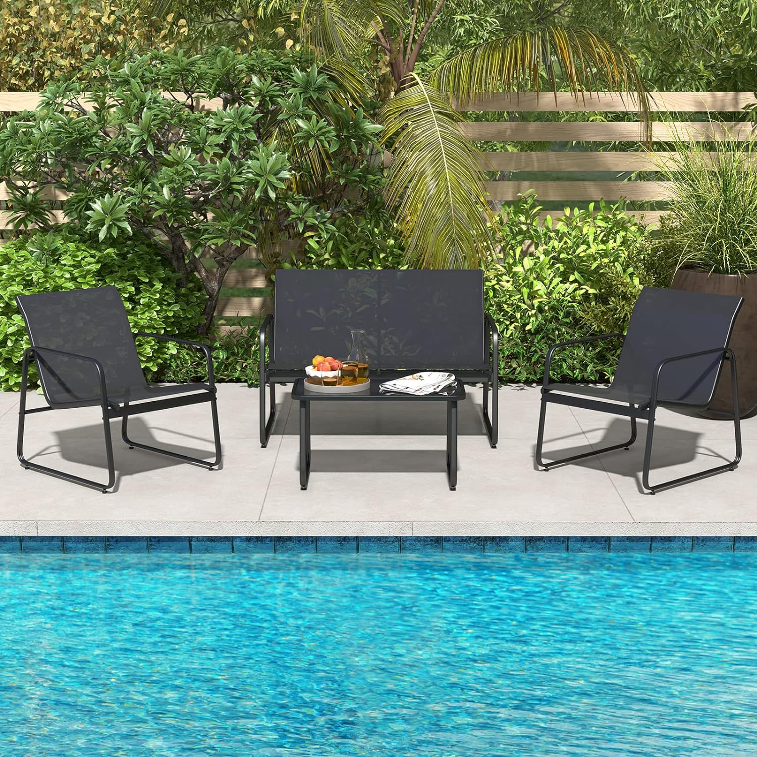 Salon de Jardin 4 Pièces avec 2 Chaises Table en Verre Trempé et Causeuse, Cadre Métallique, pour Porche Bord de Piscine Balcon, Noir - 7