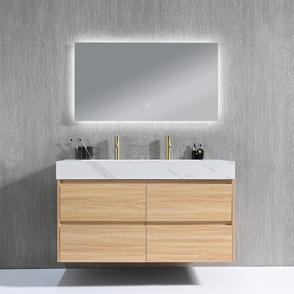 Meuble salle de bain double vasque 120cm bois naturel et effet marbre blanc avec miroir LED LB-8476C-120 - 2
