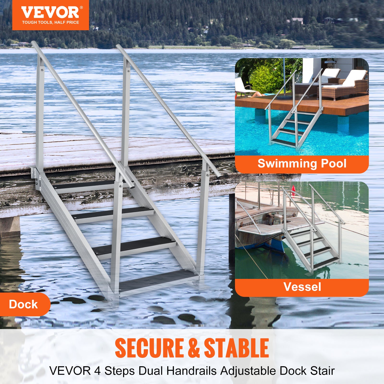 Échelle Pliable 4 Marches KAOLALI En Acier Inox - Pour Piscine, Pont, Bateau | Charge 227kg | Antidérapante