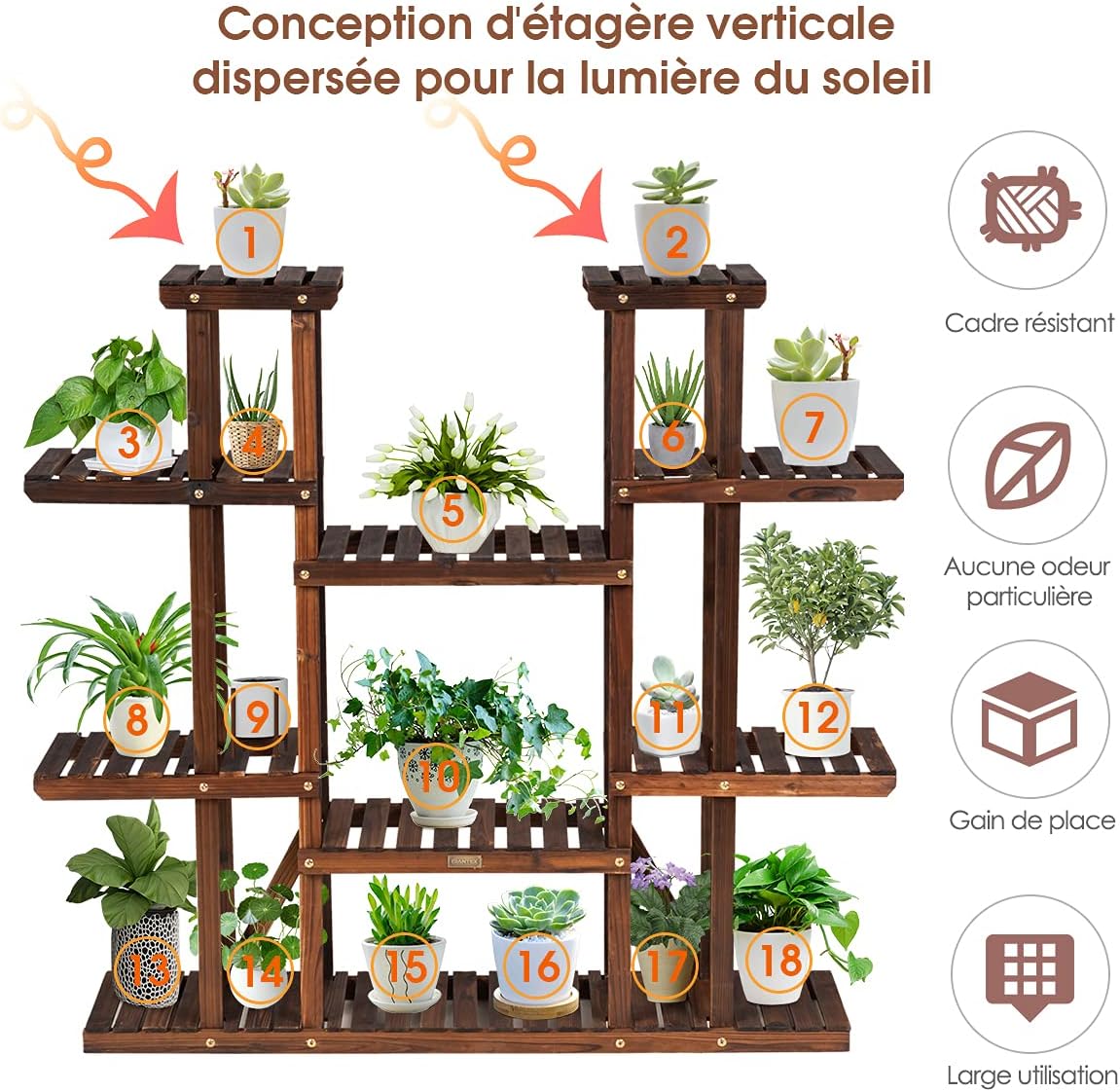 Étagère pour plantes en bois 9 tablettes pour 18 pots 125 x 25 x 114 cm charge 10kg - 6
