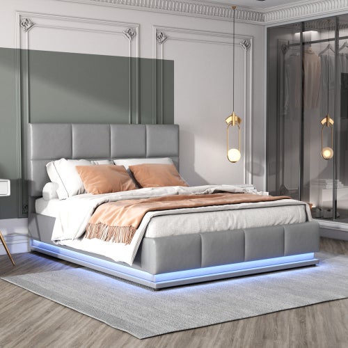 Łóżko tapicerowane 140x200 cm z oświetleniem LED i schowkiem pod łóżkiem, łóżko małżeńskie, łóżko dziecięce, szare - 4