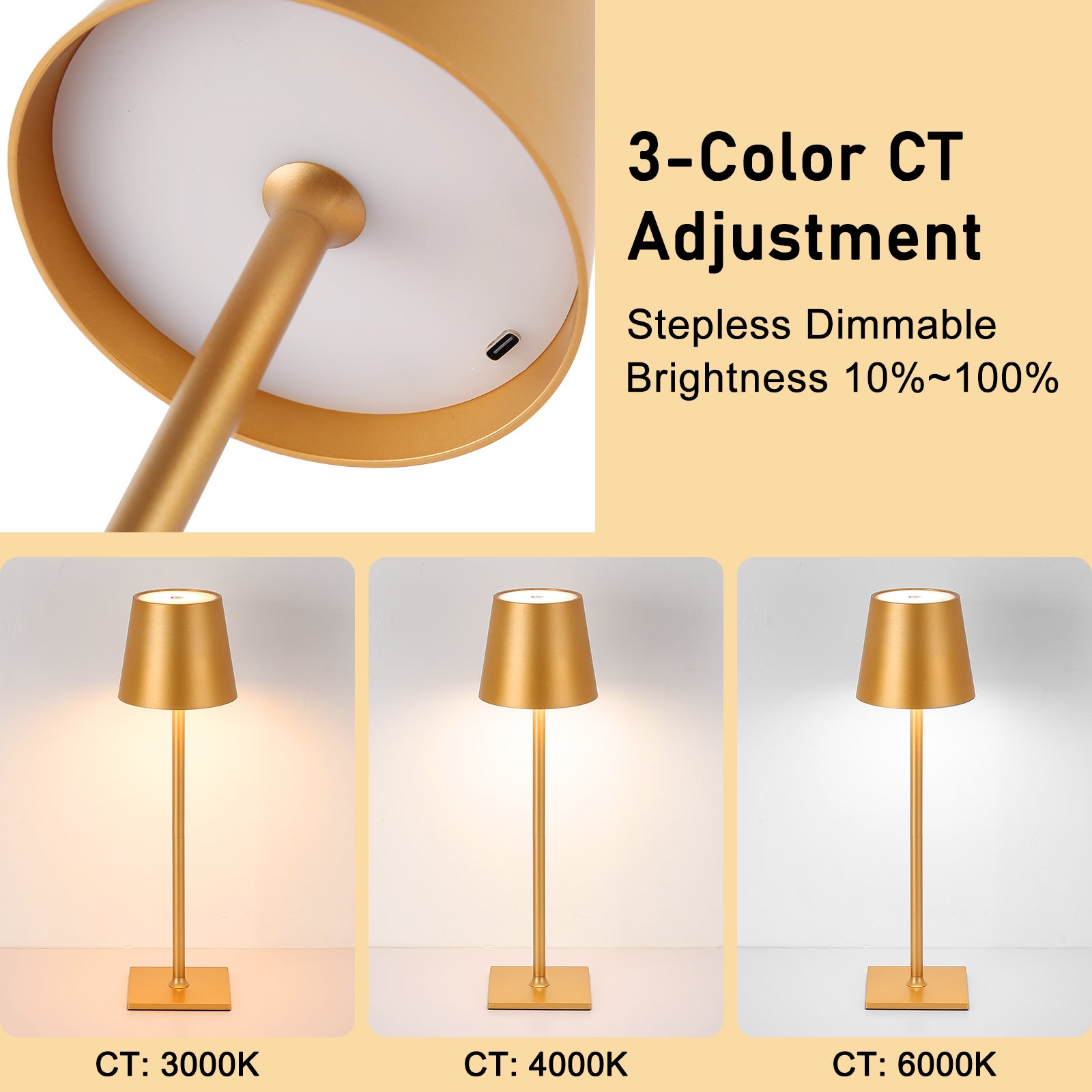 Lampe de Table Rechargeable Portable LED CCT 3000K-4000K-6000K en Aluminium Doré, IP44, 1.5W, Tactile avec Intensité Réglable - 3
