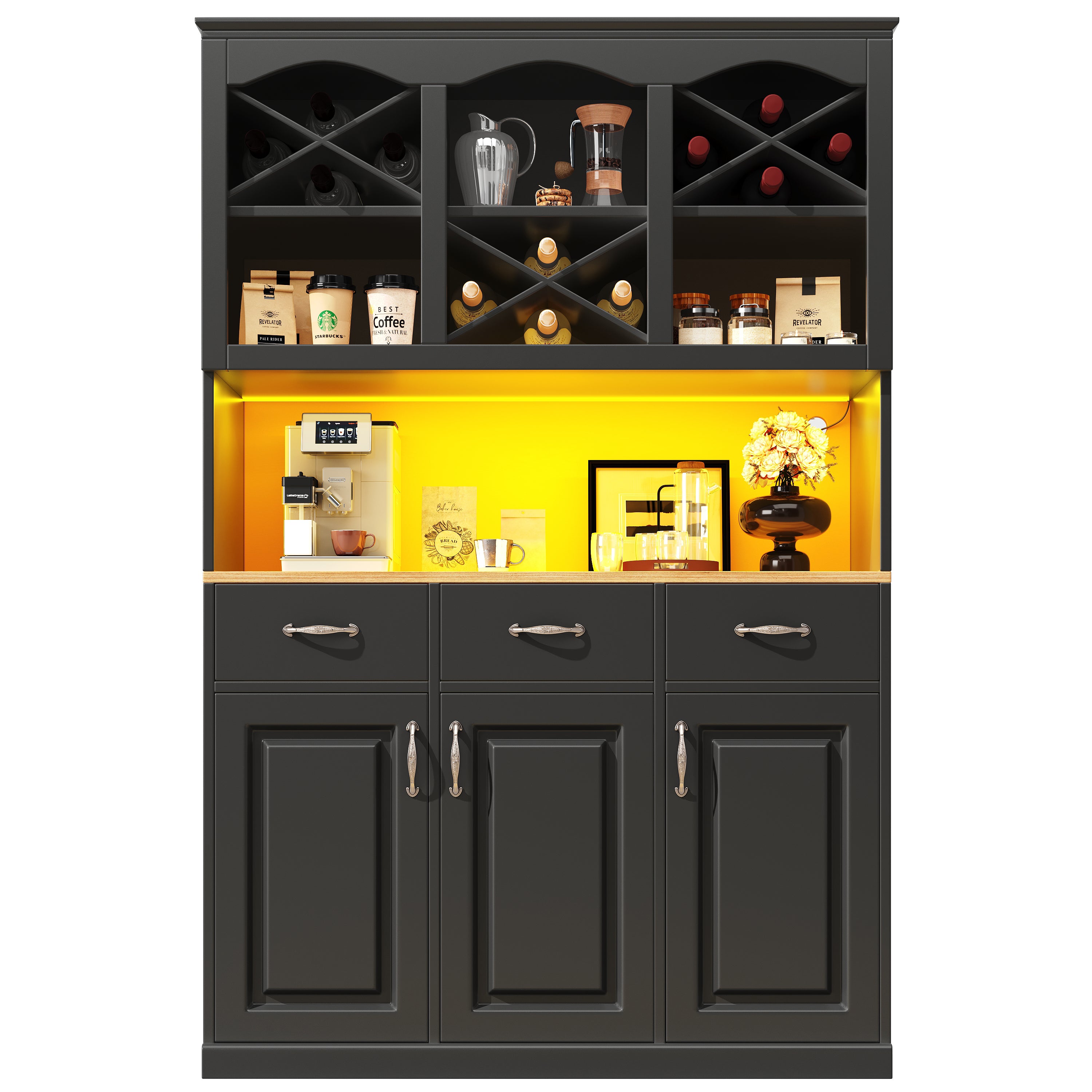 Buffet de cuisine avec 3 portes, 3 tiroirs et casiers à vin - 120 x 40 x 180 cm - LEDs - MDF - pour cuisine ou salle à manger - Noir - 8