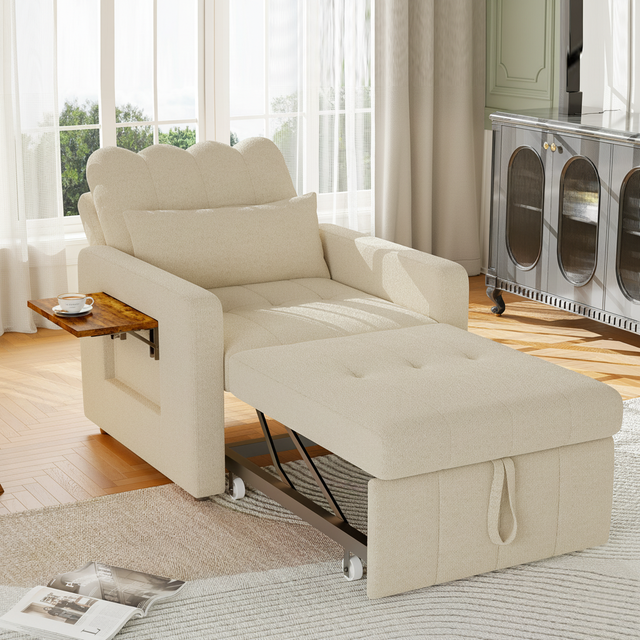 Canapé-lit 1 place pliant - fauteuil - dossier réglable, avec table d'appoint rabattable et poches latérales, tissu chenille - beige