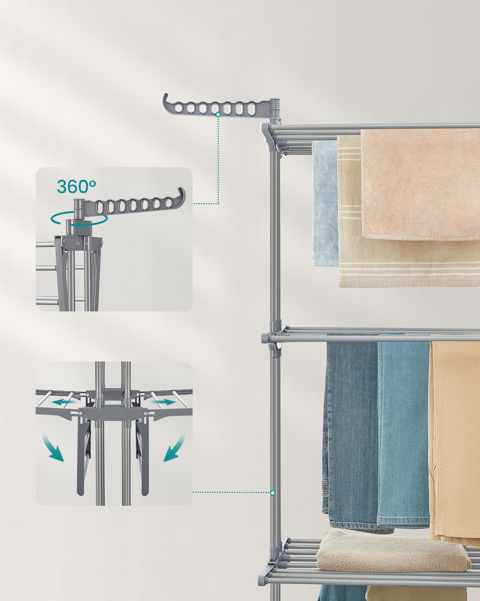 Stendibiancheria, Stendino Pieghevole a 4 Livelli con Ruote e Ali Richiudibili, 63,5 x 125,5 x 173 cm, Grigio - 5