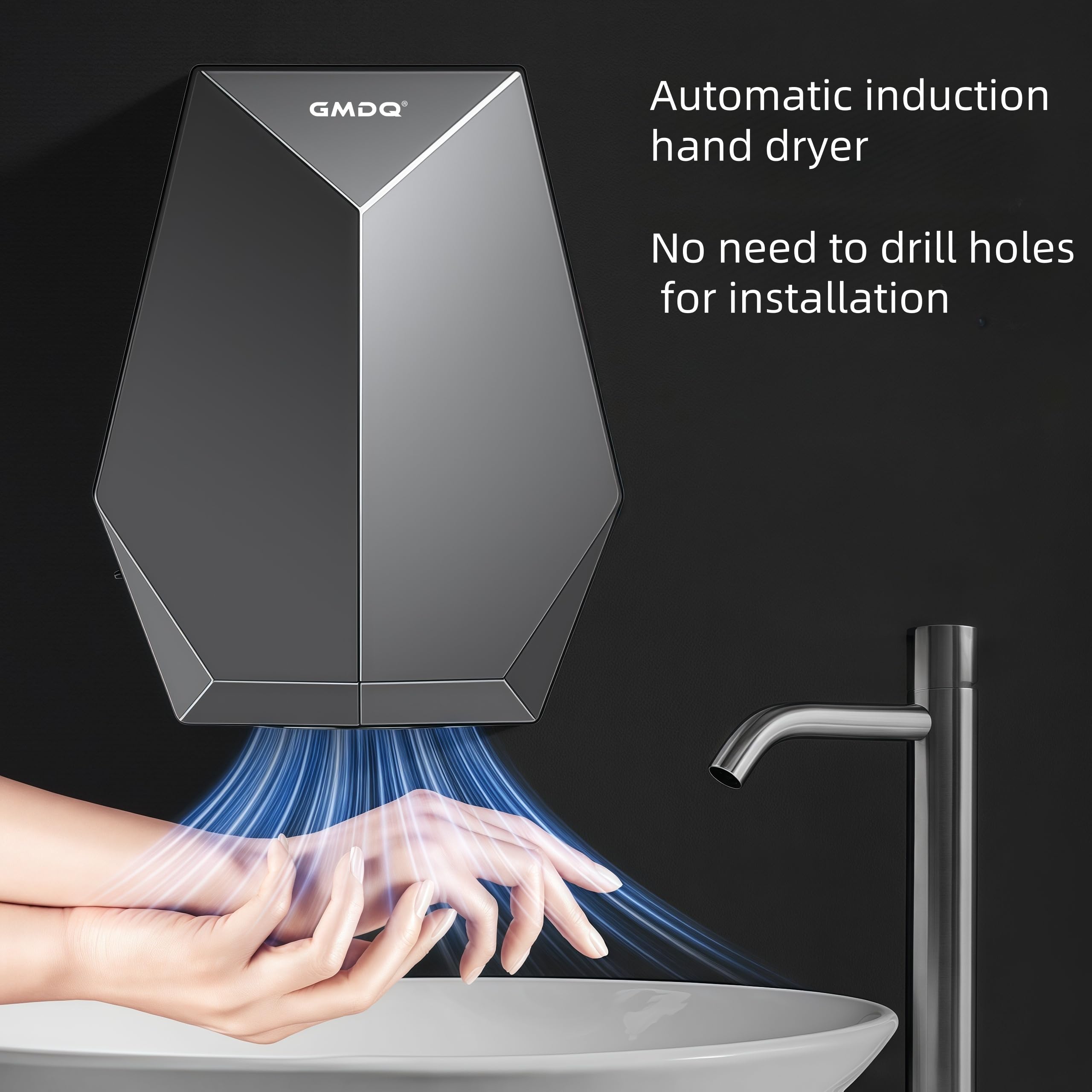 Sèche-mains à induction, entièrement automatique, 1600 W, sèche-mains à air chaud haute vitesse, séchage rapide en 10 seconde, prise européenne, noir - 2