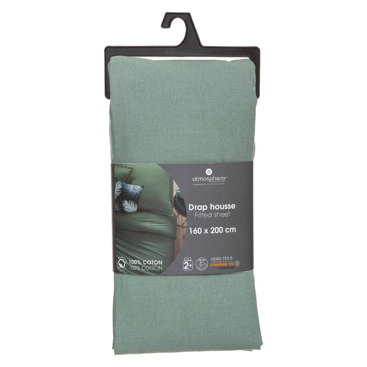 Drap-housse en coton - vert céladon - bonnet H30cm - 160x200 cm - Atmosphera créateur d'intérieur - 4
