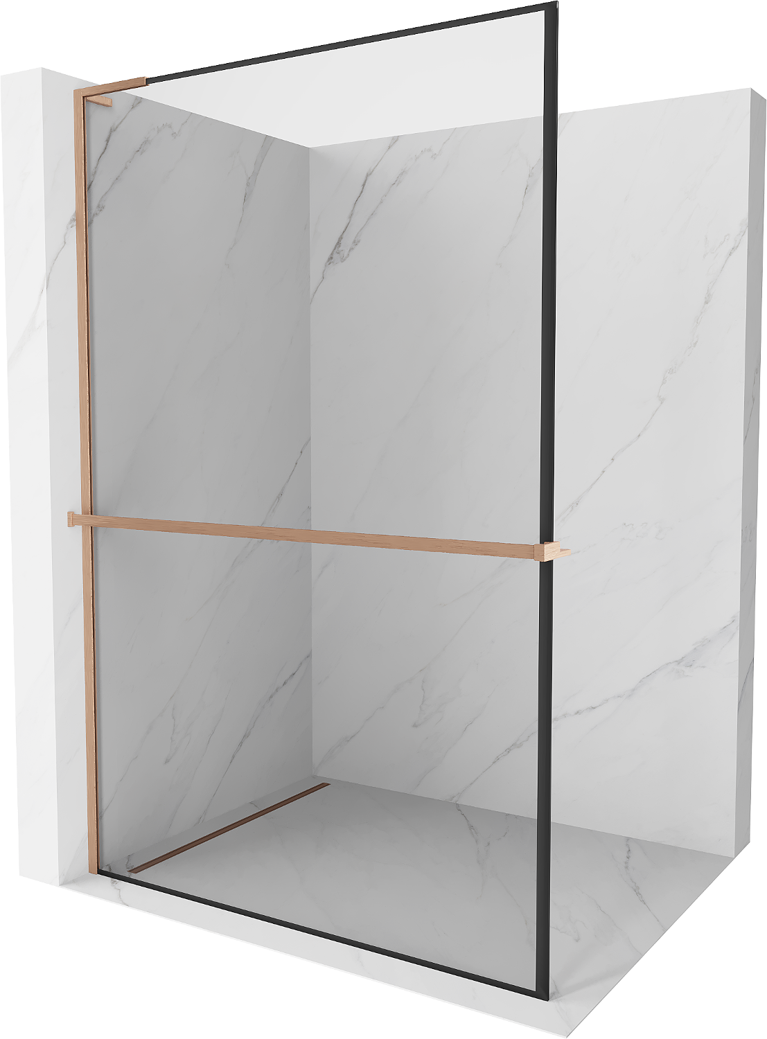 Mexen Kioto+ L ścianka prysznicowa z półką Walk-in 100 x 200 cm, czarna ramka, miedź szczotkowana - 800-100-123-65-70
