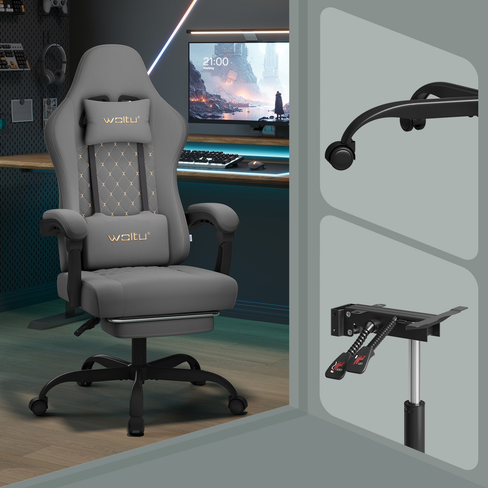 WOLTU Chaise Gaming Massante，Fauteuil Gamer，Chaise Ergonomique，Appui-tête，Repose-Pieds，Charge 150kg，Tissu Maille，Gris+Jaune - 3