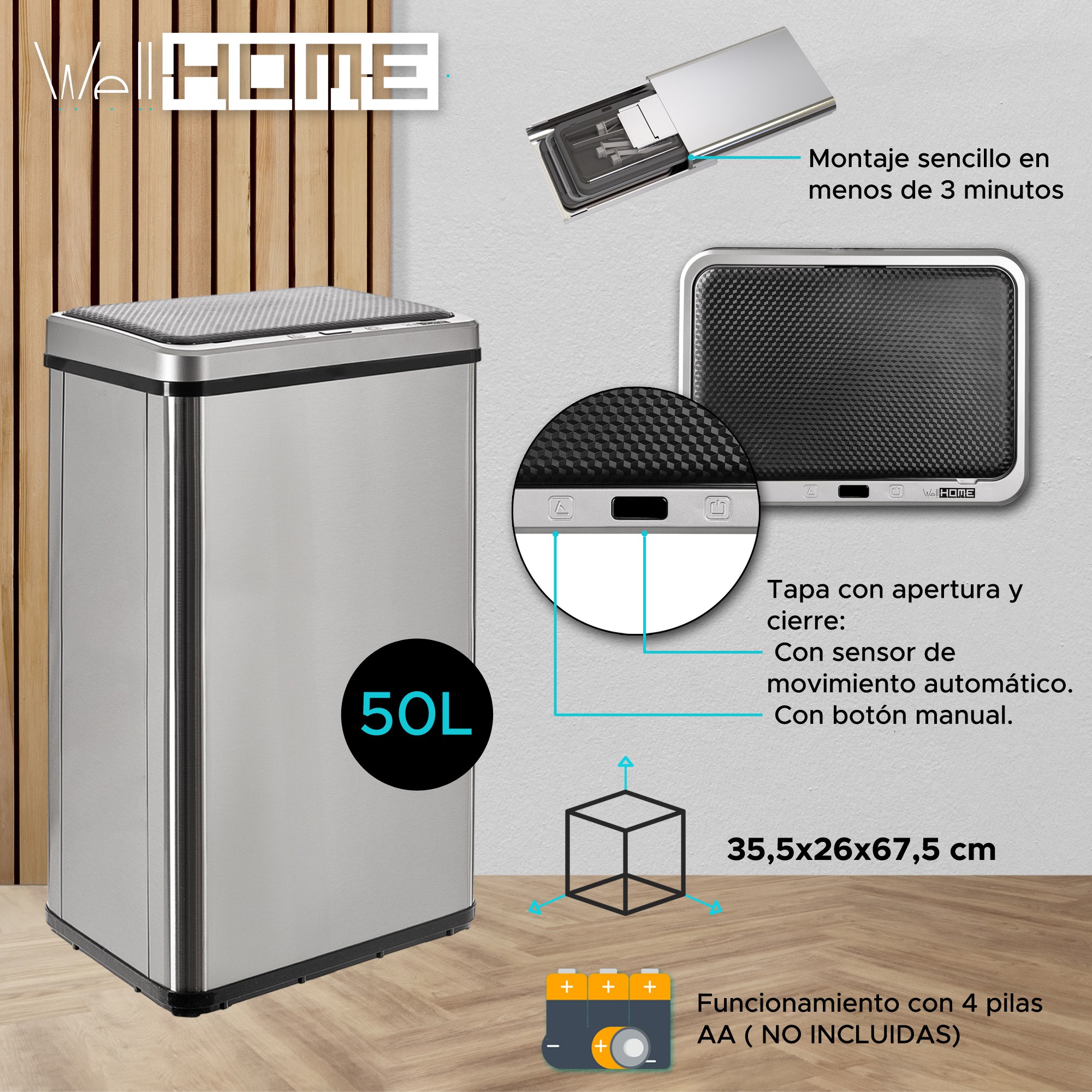 WELLHOME Cubo de Basura inteligente 50L Gris Tapa apertura automatica Leroy Merlin