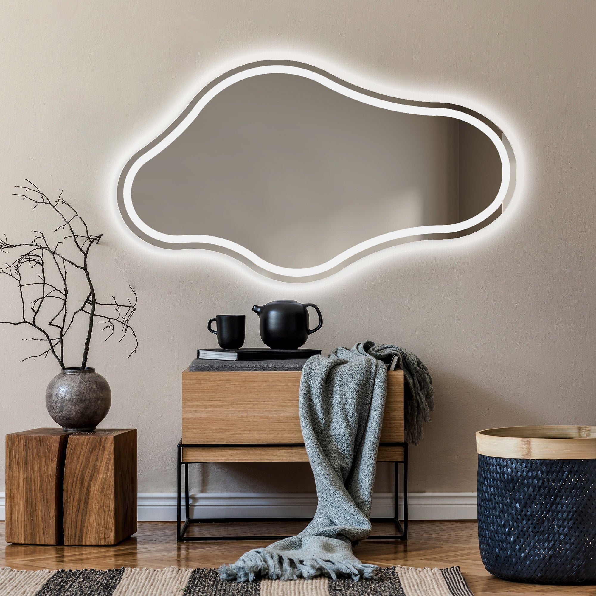 Podświetlane lustro łazienkowe - Asymetryczne lustro 94x54cm - Lustro łazienkowe LED z oświetleniem - Chłodna biel 7000K (CHM223)