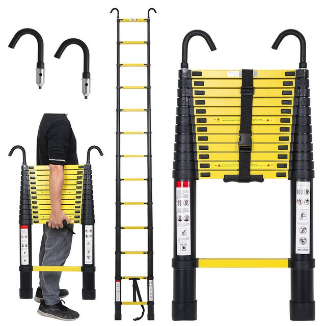 Scala telescopica in alluminio con gancio scaletta nero+giallo Pieghevole portatile 3,8 m