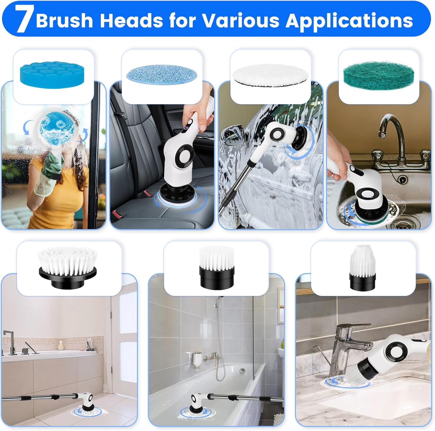 Brosse de nettoyage électrique 7 en 1 avec 7 têtes de brosse remplaçables et manche allongé réglable,brosse de nettoyage électrique pour cuisine,blanc - 5
