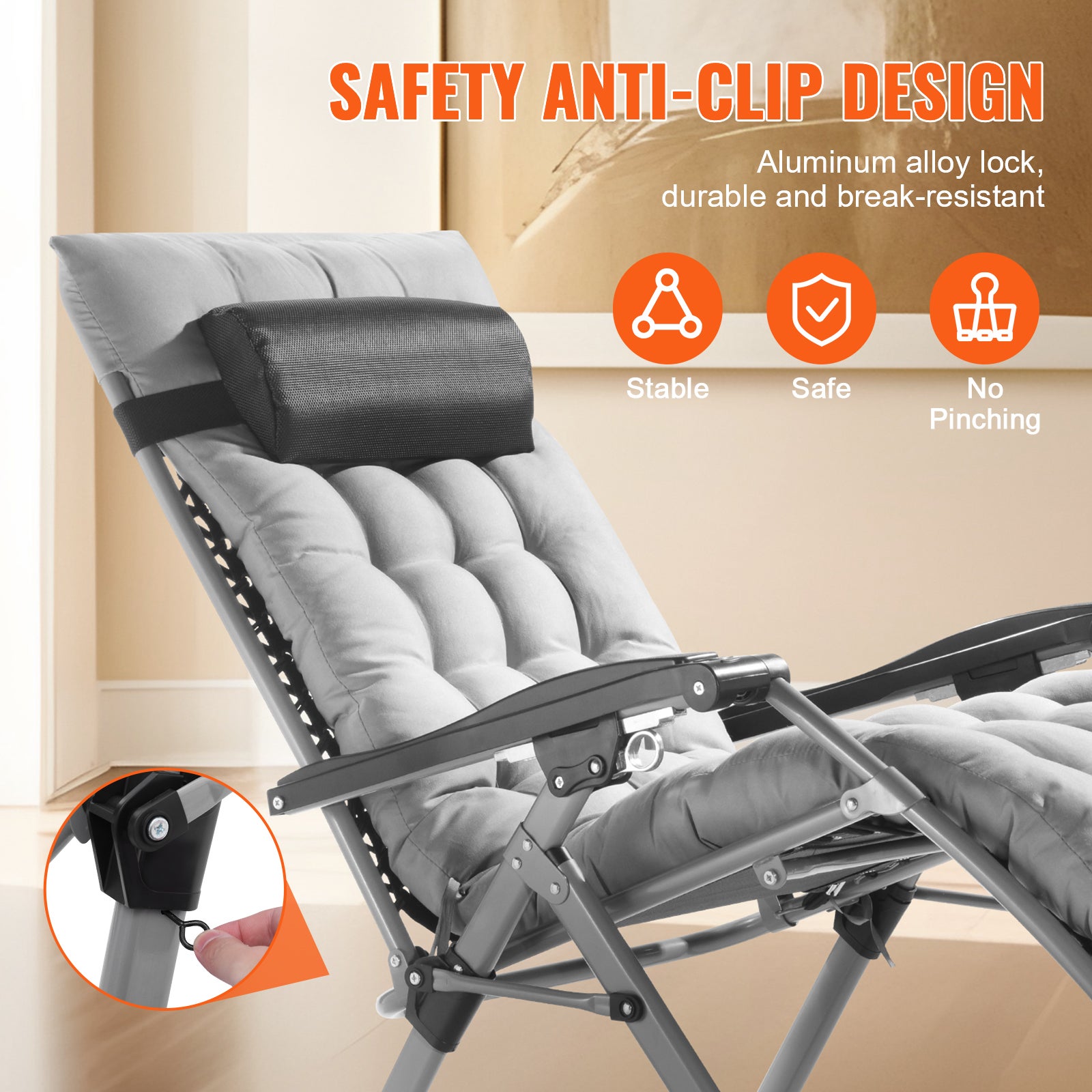 Fauteuil inclinable Zero Gravity,VEVOR 645 mm,inclinable,réglable,avec coussin de siège,appui-tête,repose-pieds,porte-gobelet,500 lb,gris - 5