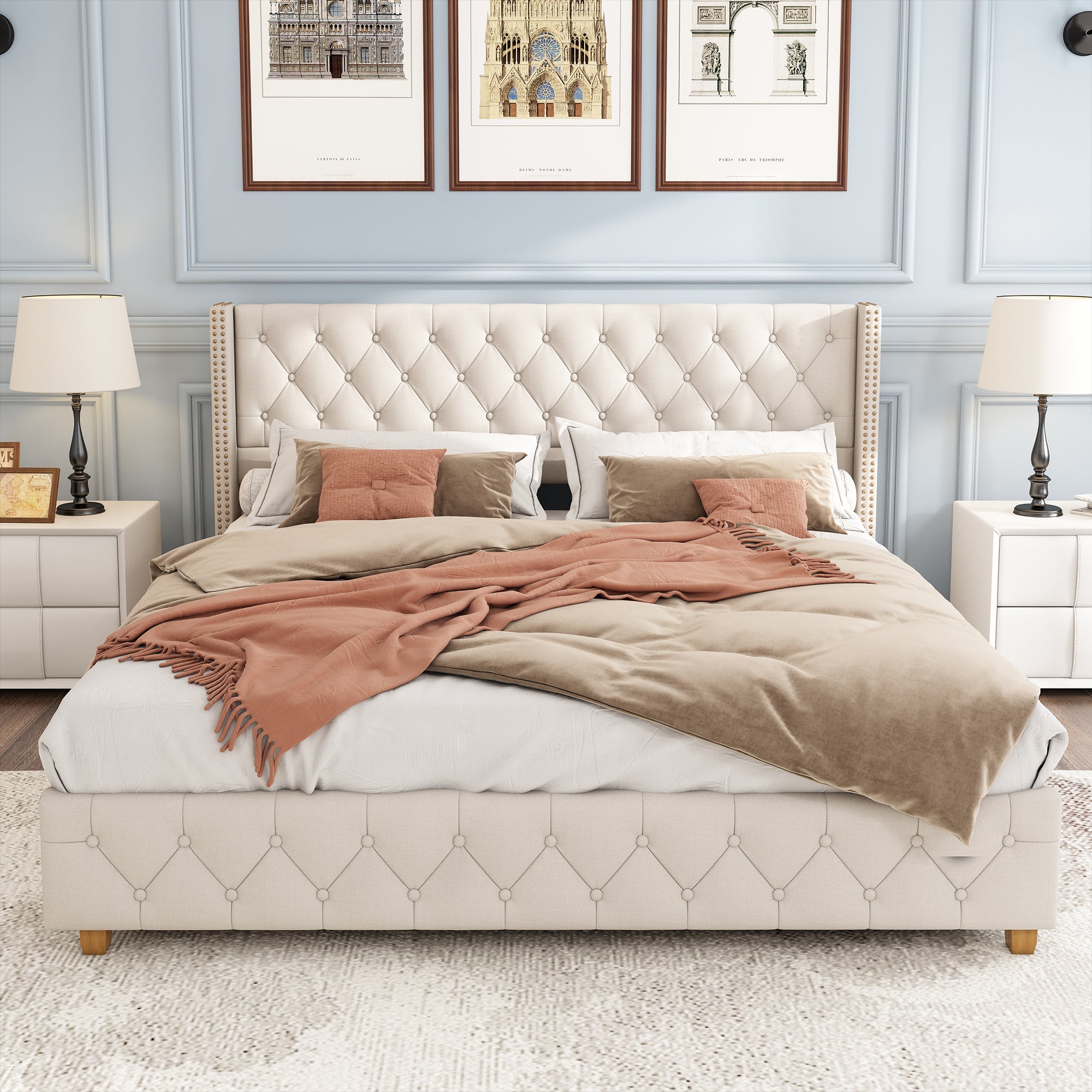Lit Double 140x190 cm - Lit Classique Beige en Lin - Tête de Lit Capitonnée, Sans Matelas - 3