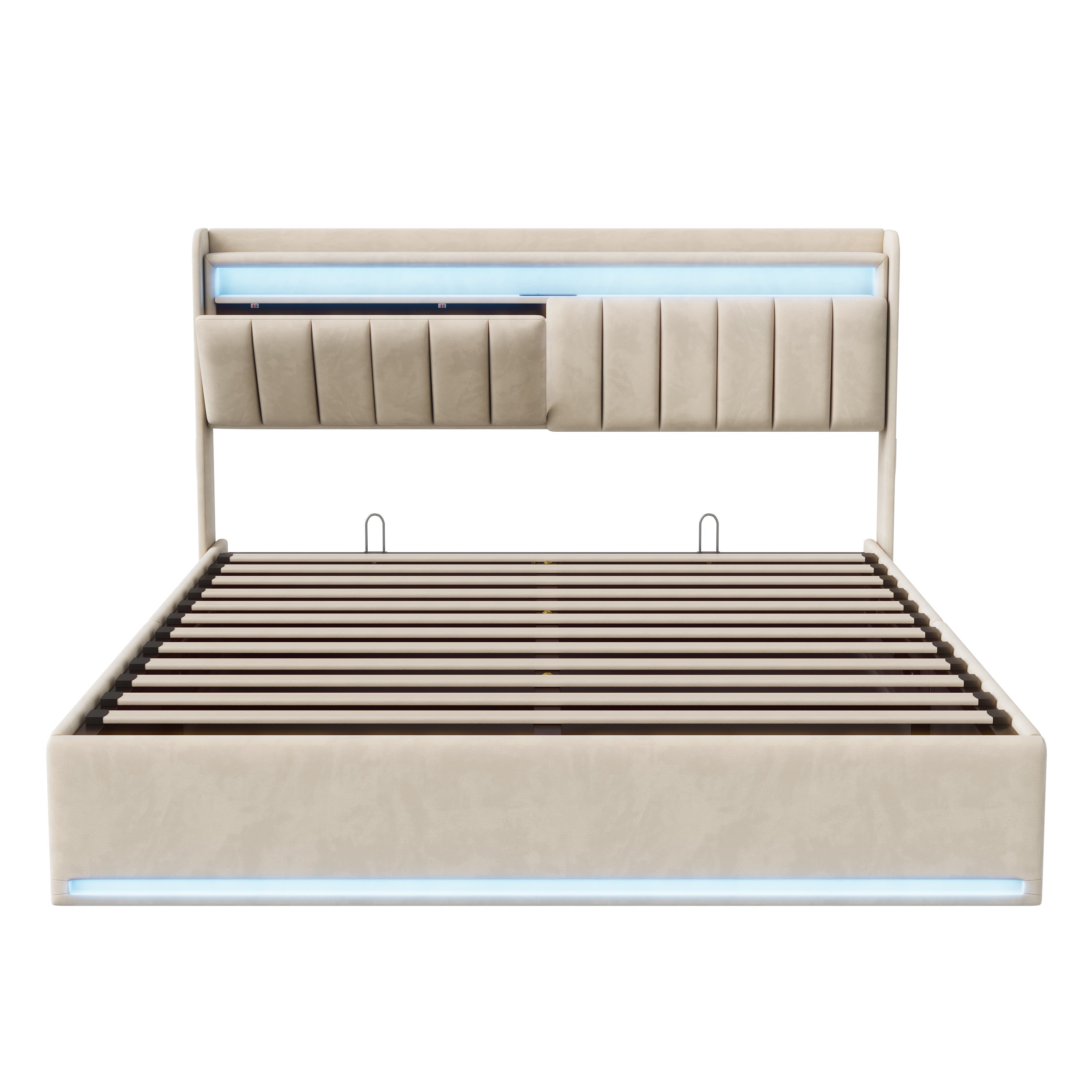 Lit 160x200cm - Lit coffre 160x200 avec sommier et tête de lit rangement - LED et port charge - velours - beige - 6
