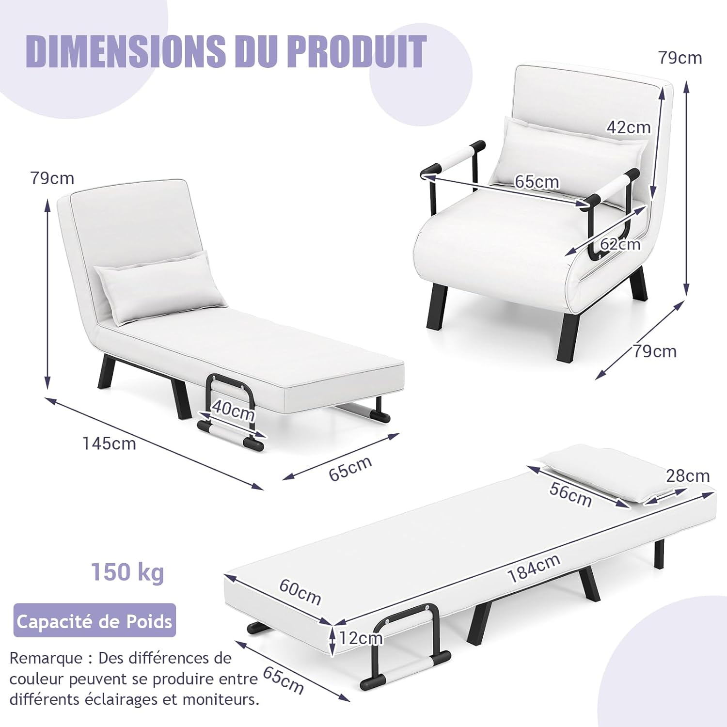 Canapé-lit Convertible, Fauteuil Convertible Lit, avec Dossier Réglable en 6 Positions, Oreiller Amovible, Canapé-lit Pliable 1 Place (Blanc) - 3