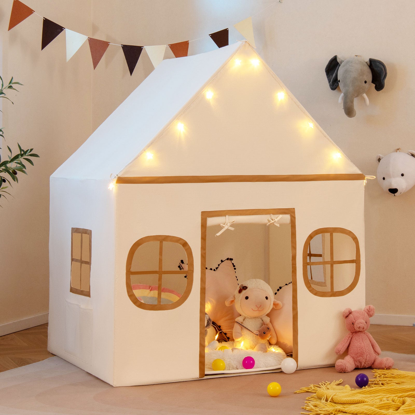 Tente de Jeux Enfant avec 4 Fenêtres et Guirlandes Lumineuses Étoiles, Cabane Enfant Interieure avec Tapis Antidérapant, pour 3-10 Ans, Gris + Beige - 2