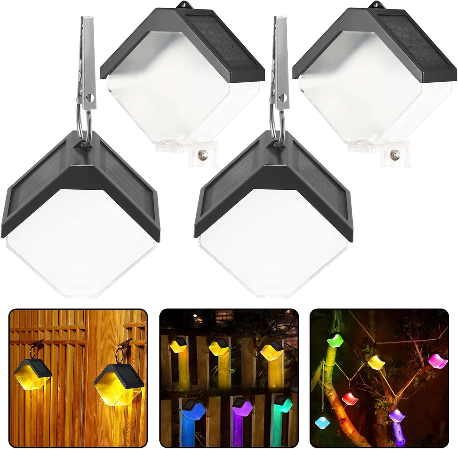 Zestaw 4 zewnętrznych lamp solarnych do ogrodu - 2 tryby oświetlenia (ciepłe białe światło i kolory RGB) - Wodoodporne - Idealne na tarasy, trawniki