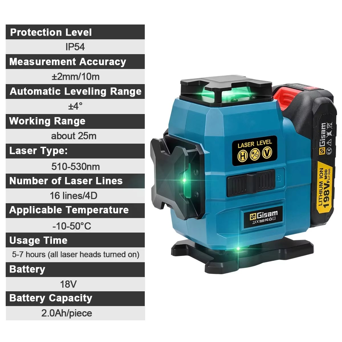 OBOSOE Livella laser 4D a 16 linee, laser professionale a 360° verticale e orizzontale, compatibile con batterie Makita da 18 V (2 batterie). - 5