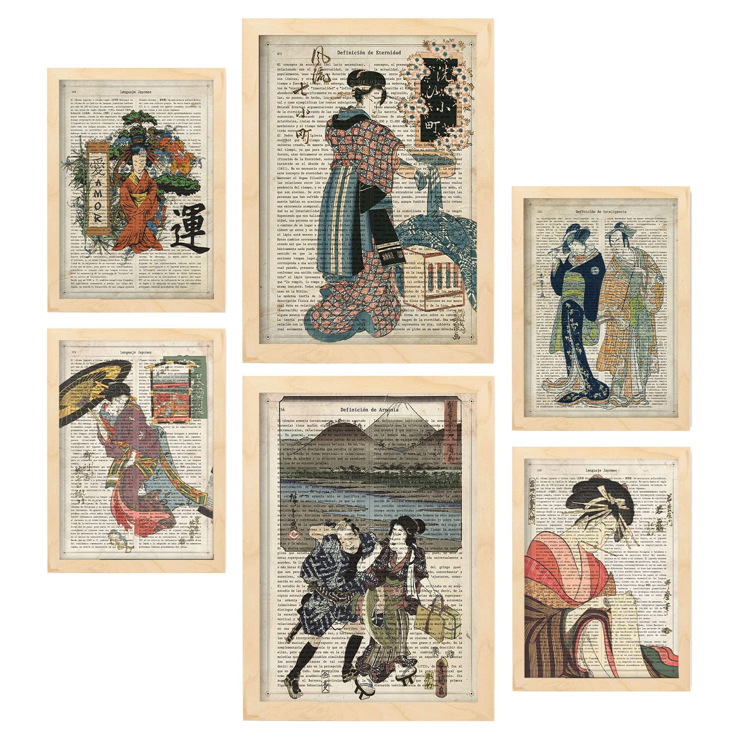 Nacnic posters de posters de japón ilustraciones estilo enciclopedia vintage con geishas japonesas en ukiyo-e para la a4 & a3 marcos color madera