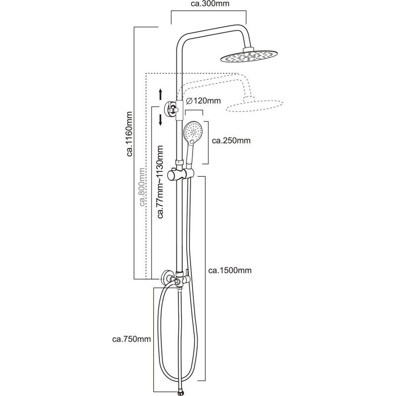 Valaz Barre de douche ronde chromée réglable jusqu'à 120 cm sans robinet - 25 cm - 2