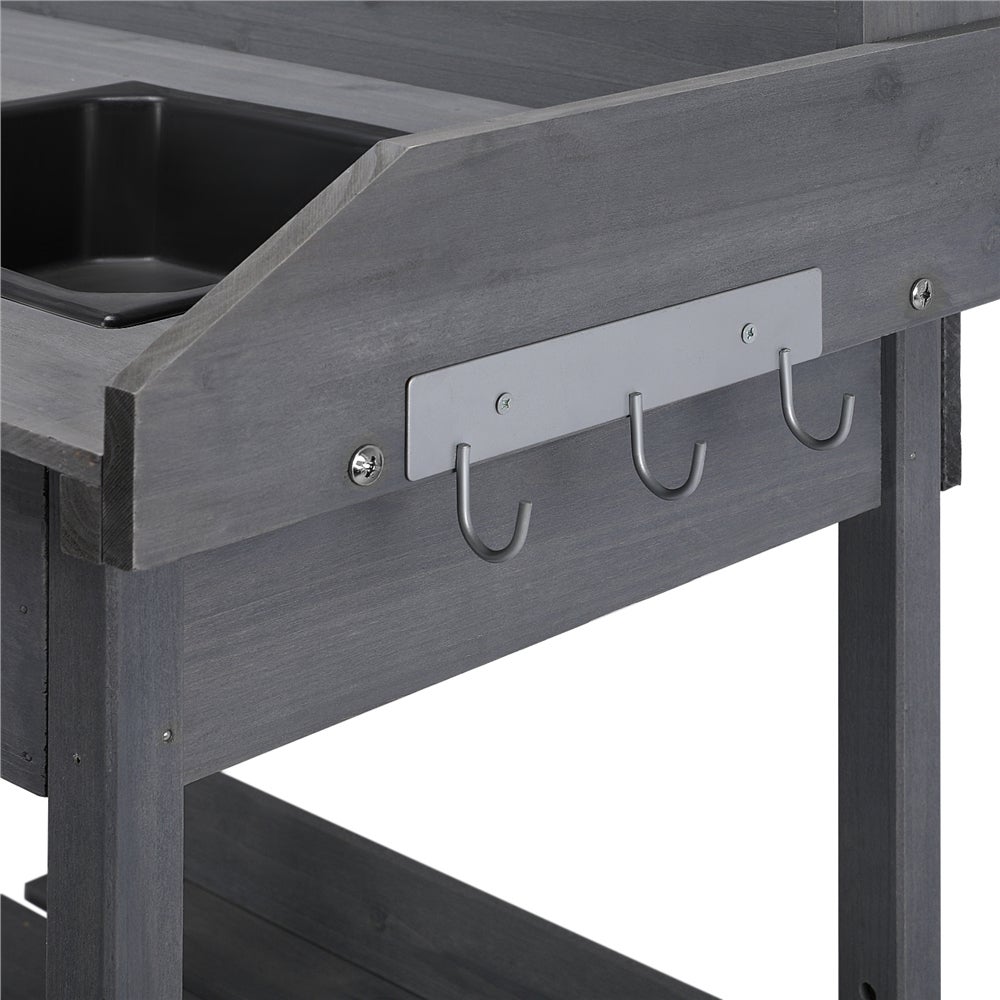 Table de Jardinage en Bois avec Évier Amovible, Tiroir, Crochets et Étagères de Rangement, Gris Yaheetech - 7