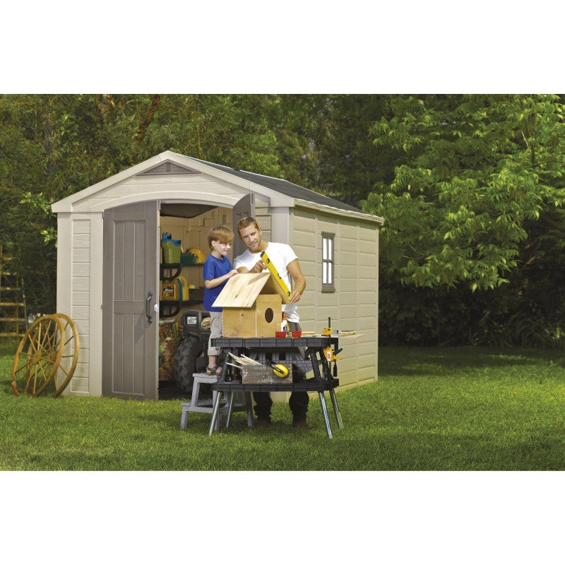 Abri de jardin Keter en résine, 256,5 x 182 x 243 cm, avec plancher, étagères et puits de lumière, beige - 8