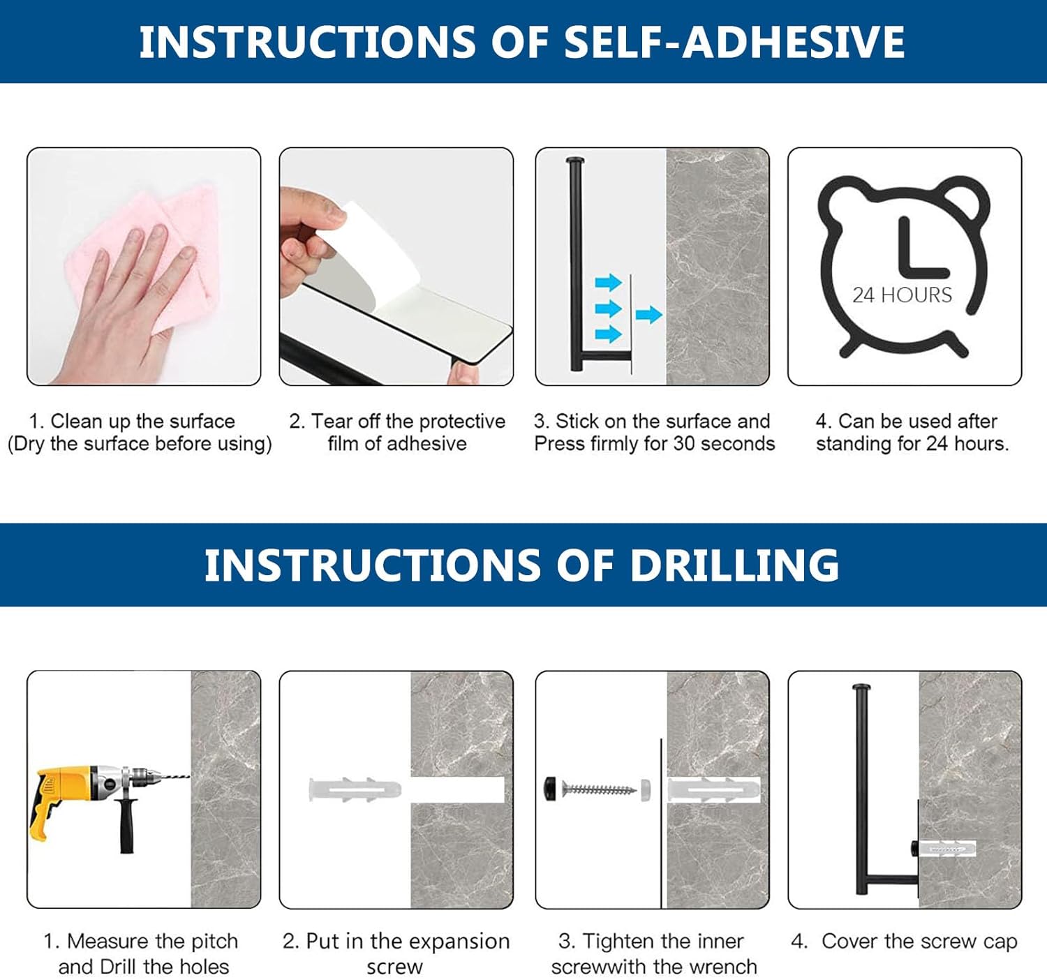 Samoprzylepny uchwyt na ręczniki papierowe, ścienny uchwyt na ręczniki papierowe, uchwyt na papier kuchenny, stal nierdzewna, czarny kwadrat - 7