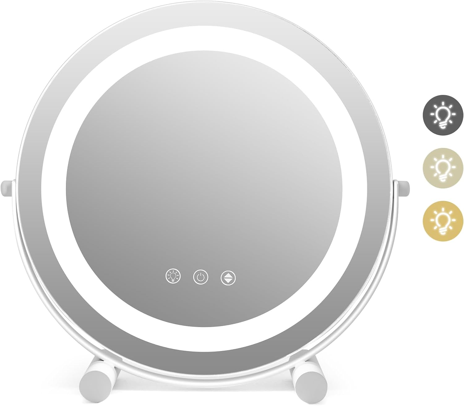 Lustro Kosmetyczne Obracane o 360°, 3 Kolory i Regulowana Jasność, Sterowanie Dotykowe (φ30 cm | Podstawa z Okrągłymi Rurami)
