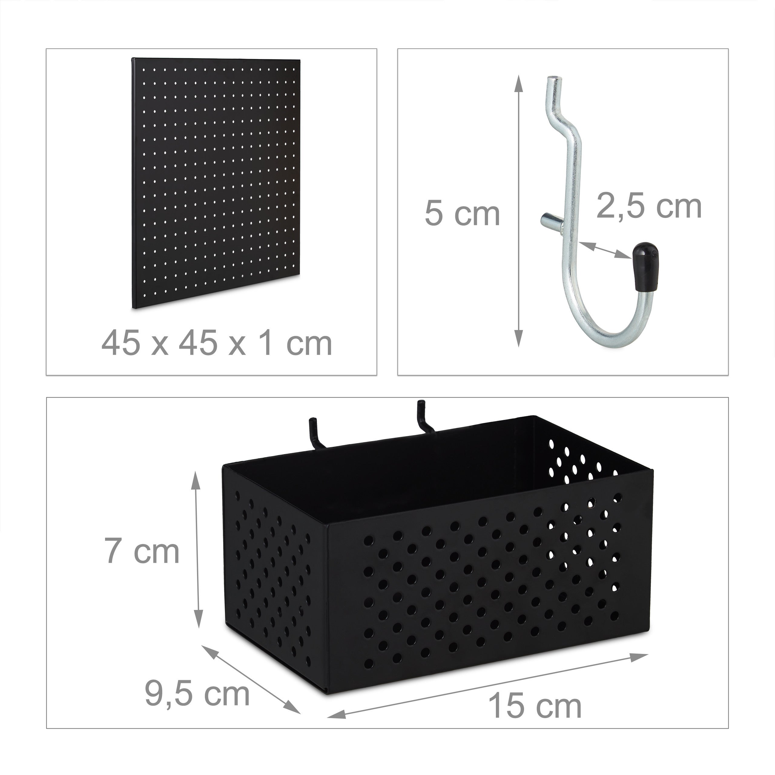 Parede de ferramentas, painel metálico 45 x 45 cm, conjunto de 9 peças para organização, preto, Relaxdays - 4