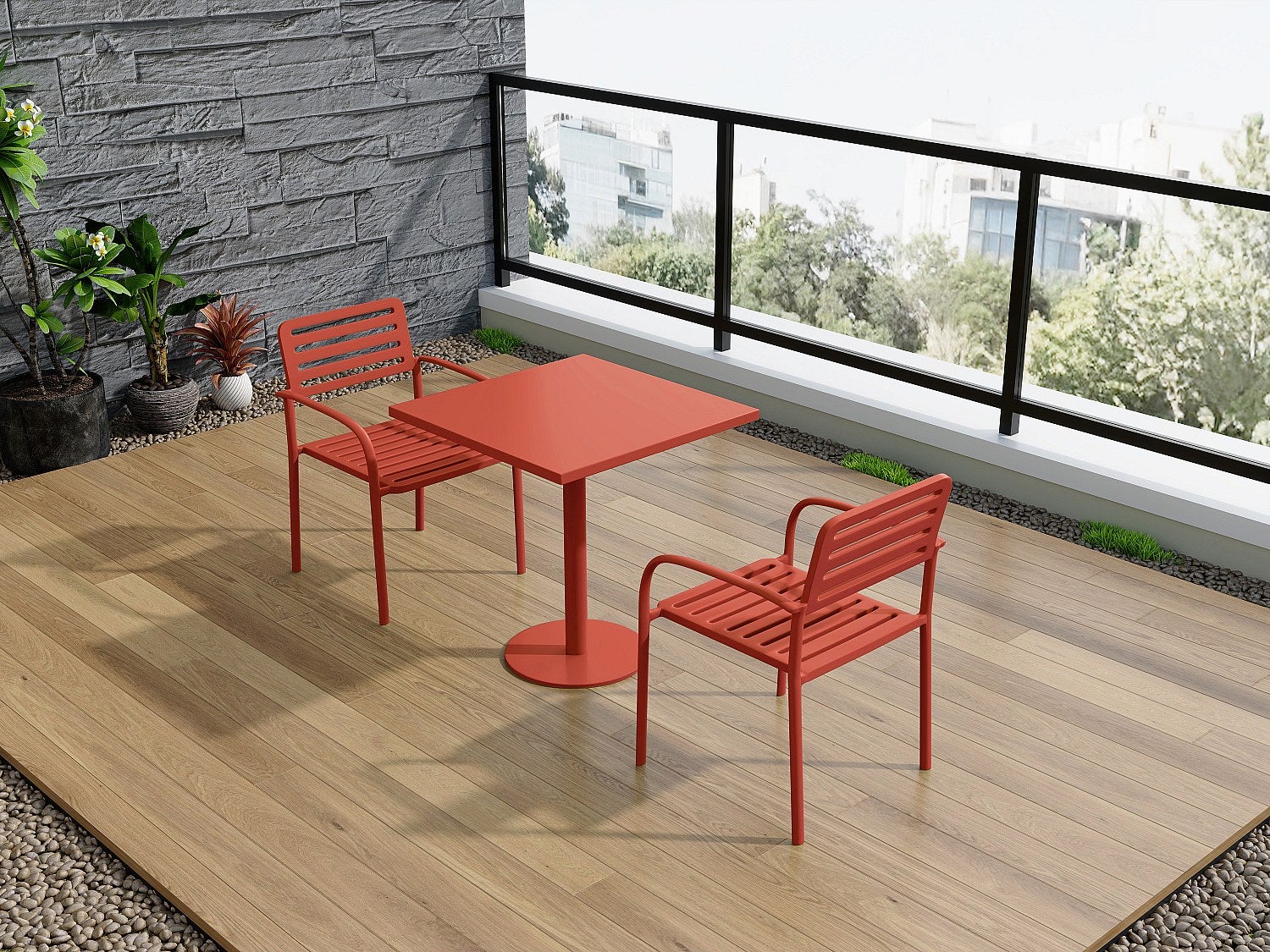 Metalowy zestaw ogrodowy: stół szer. 70 cm i 2 krzesła z możliwością sztaplowania - Terracotta - NILY od MYLIA