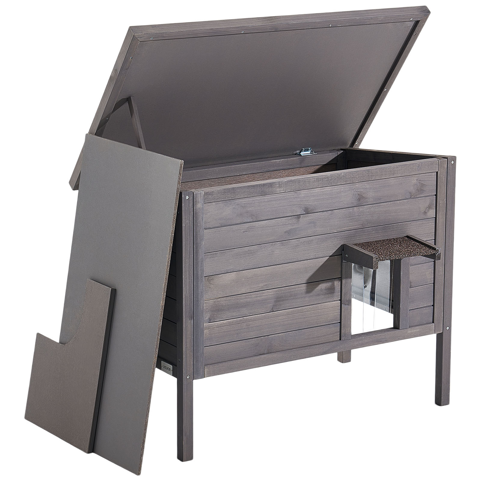 Casa para gatos aquecida VEVOR, madeira+PVC, 87×53,5×69 cm, almofada térmica, teto asfáltico abrível, 1–3 gatos exterior, inverno - 9