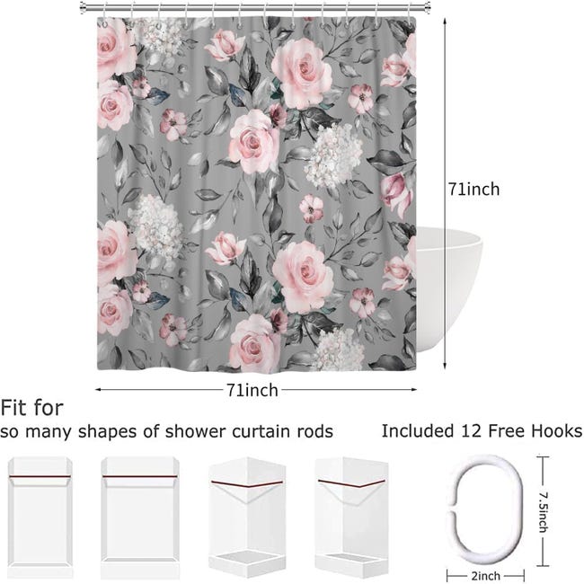 Tenda Doccia Floreale Mkikejoy Con Fiori Ad Acquerello 183x183 Cm - Set Con 12 Ganci In Plastica