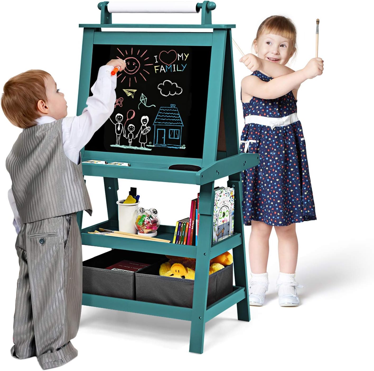 Dwustronna Tablica dla Dzieci, Sztaluga z Białą/Czarną Tablicą do Pisania Markerami, Magnetyczna, Tablica Kredowa dla Dzieci Powyżej 3 Lat, Niebieska