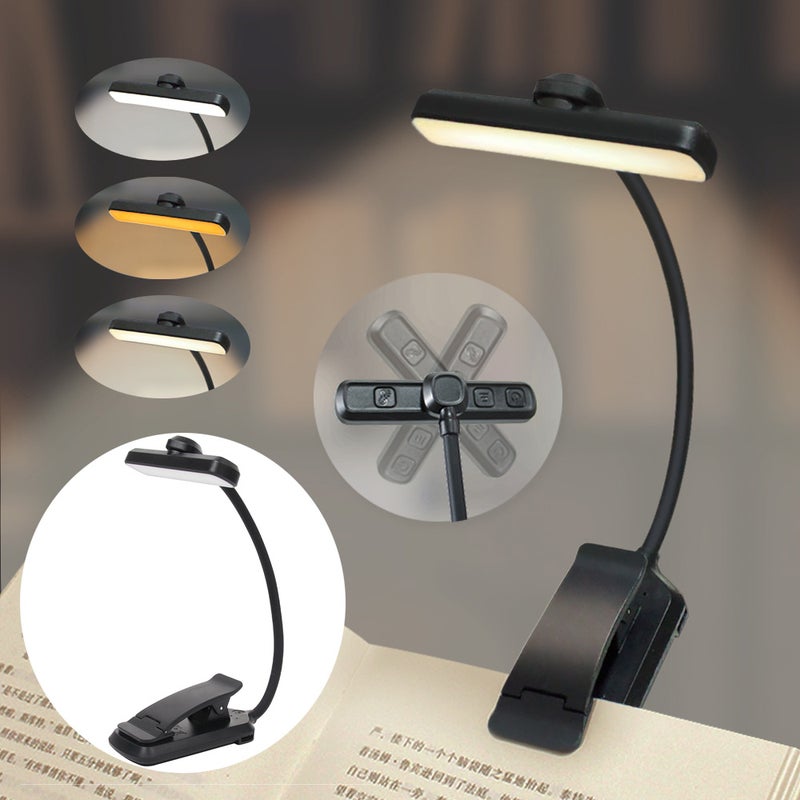 Lampka do czytania z 24 diodami LED, ładowalna, lekka lampka biurkowa z klipsem chroniąca oczy, lampka do czytania z klipsem, trzy kolory, czarna