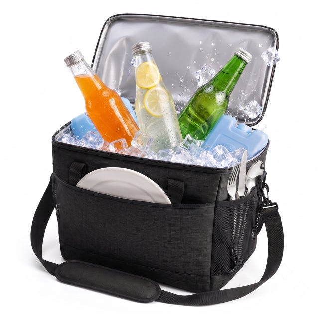 Bolsa isotérmica de 30 l impermeable, negra, con 2 asas y correa, para playa, camping y picnic, Relaxdays