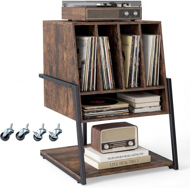 Meuble Platine Vinyle jusqu'à 180 Vinyle, 4 roulettes Inclus, Étagères, 5 Compartiments, Support Tourne Disque pour Albums, Manga, Livres, Marron